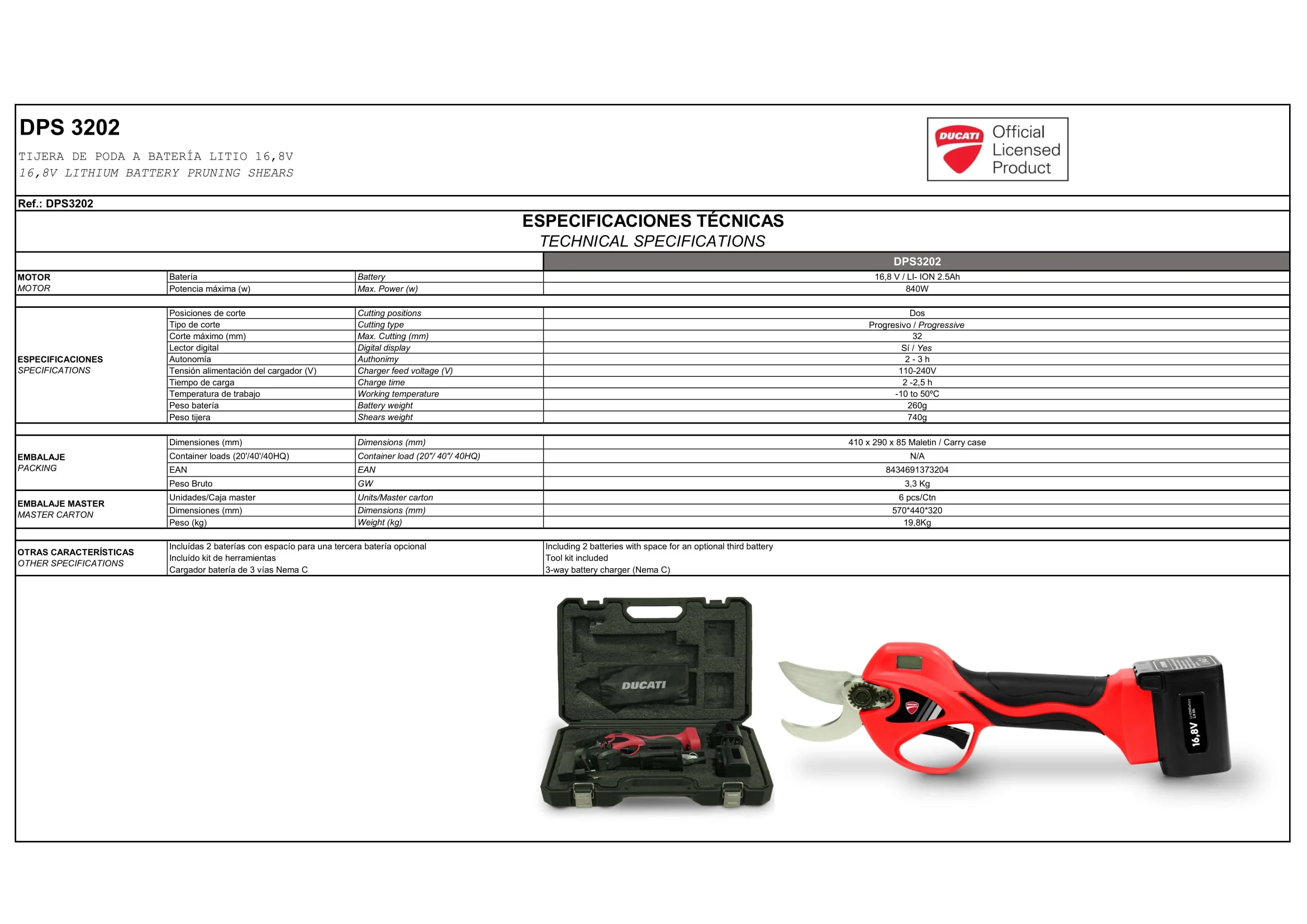 TIJERA DE PODA ELECTRICA DUCATI DPS3202 PROGRESIVA C/ DISPLAY 2BAT 2.5Ah NEMAC - Imagen 2